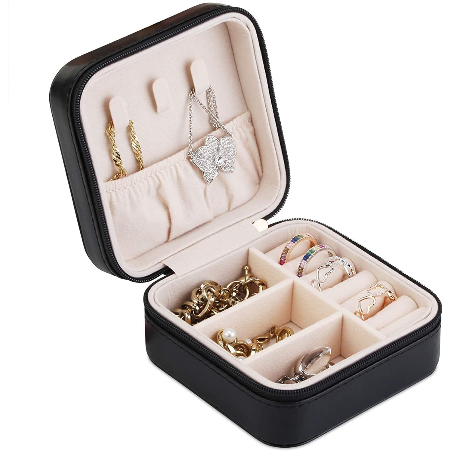 HSR Travel Mini Organizer Portable Storage Case, Small Travel Jewelry Box, for Rings Earrings Necklace, Best Gifts Choice for Girls Women (Black)