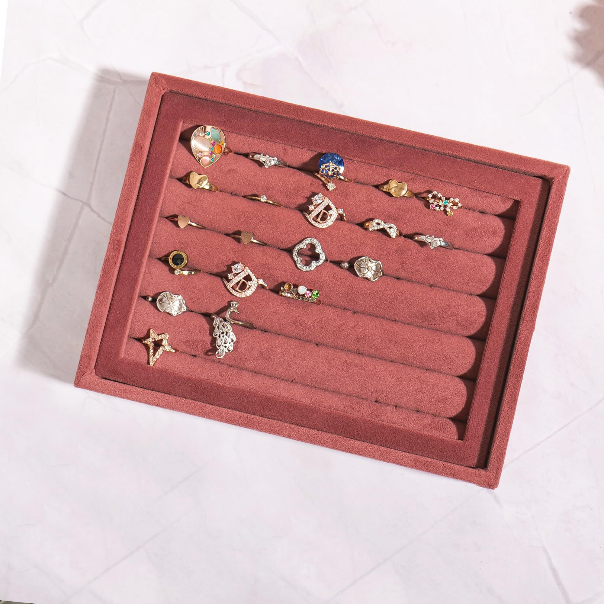 La Trove Luxury Velvet Stackable Drawer Organiser Jewellery Trays, Jewelry Organizer Tray for Earring, Rings, Cufflinks (Dark Pink, 20 * 16 * 3.5 Cm, Ring)