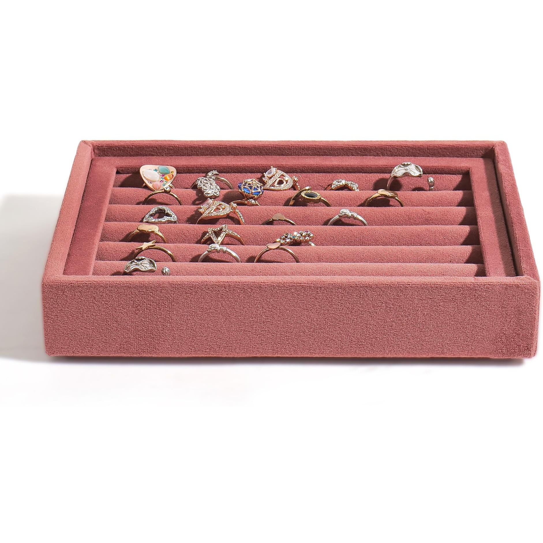 La Trove Luxury Velvet Stackable Drawer Organiser Jewellery Trays, Jewelry Organizer Tray for Earring, Rings, Cufflinks (Dark Pink, 20 * 16 * 3.5 Cm, Ring)