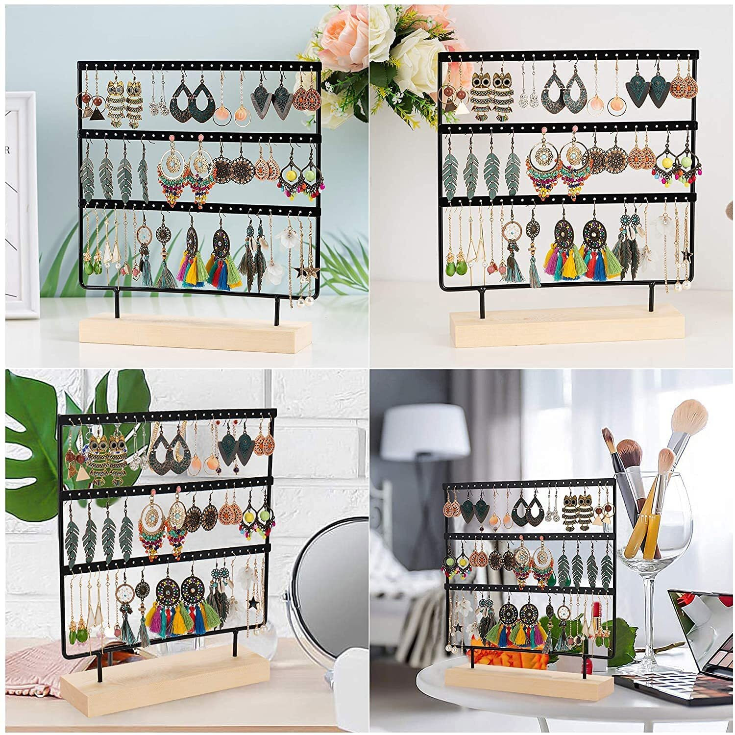 ROLLYWARE Earring 3 Layer 70 Holes Holder Stand Organizer Jewelry Display Stands Earring Organizer Stand Suitable to Organize Necklace & Bracelets & Earring Holder Jewelry Holder Black.