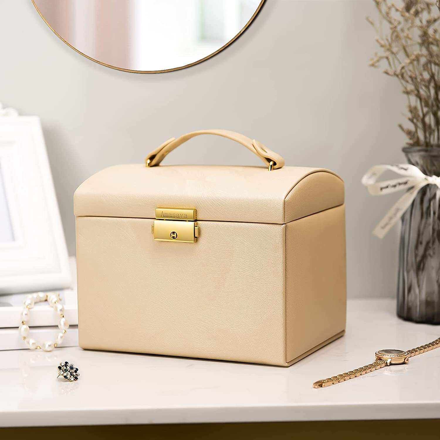 YouBella Jewellery Organiser MultiLayer PU Leather Portable Lockable Storage Box Case with Dividers Container for Rings, Earrings, Necklace Home Organizer, Beige