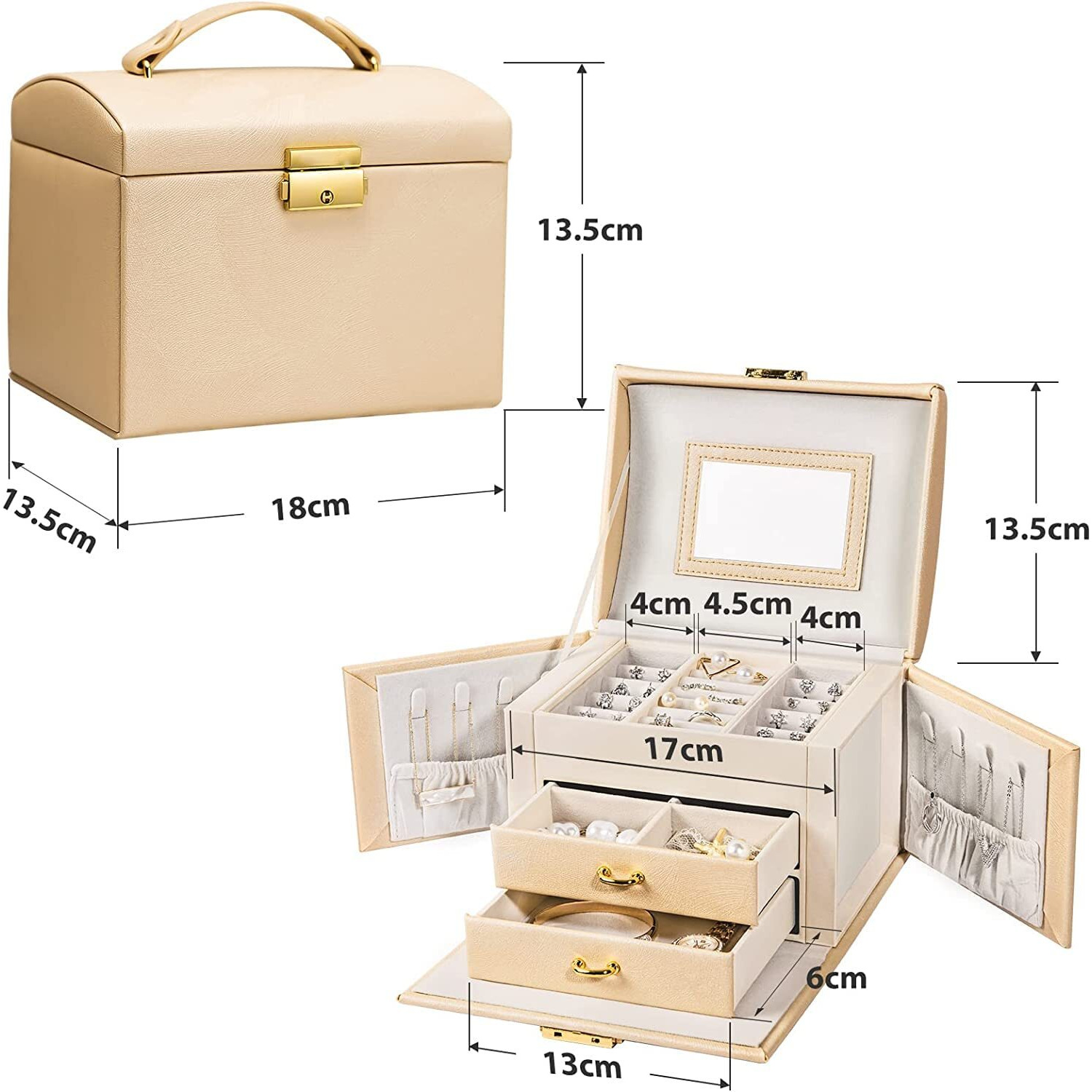 YouBella Jewellery Organiser MultiLayer PU Leather Portable Lockable Storage Box Case with Dividers Container for Rings, Earrings, Necklace Home Organizer, Beige
