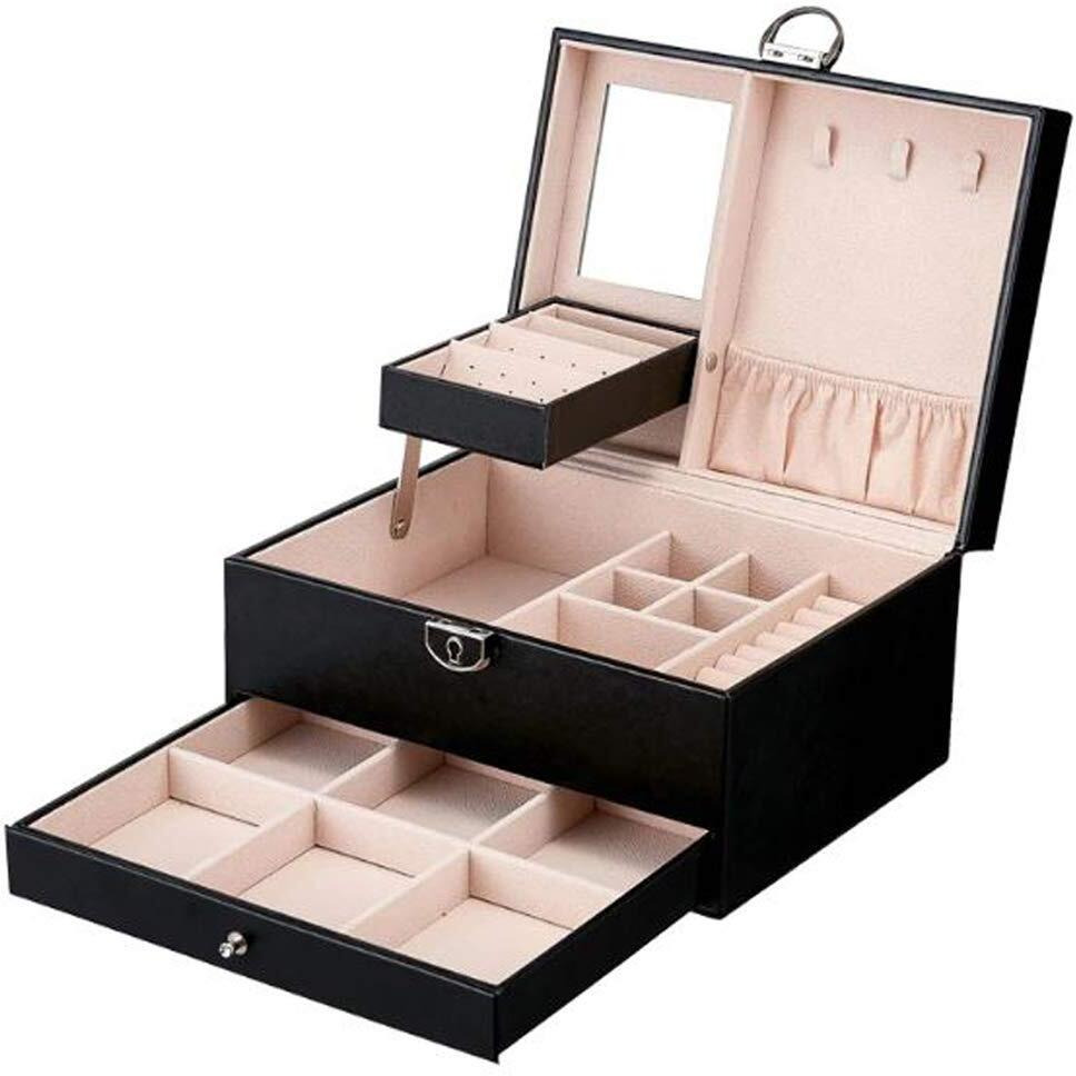 RONTENO Leather Multi-layer Jewelry Box Makeup Organizer Case Earrings Ring Stud Jewelry Storage Display Case Box For Jewelry Gift Box, 1Pc(Only Black Color,Not Included Jewelry)