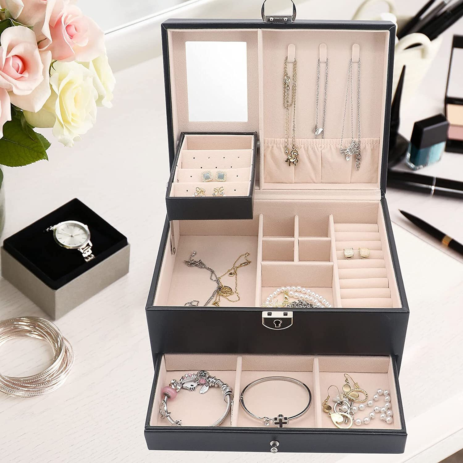 RONTENO Leather Multi-layer Jewelry Box Makeup Organizer Case Earrings Ring Stud Jewelry Storage Display Case Box For Jewelry Gift Box, 1Pc(Only Black Color,Not Included Jewelry)