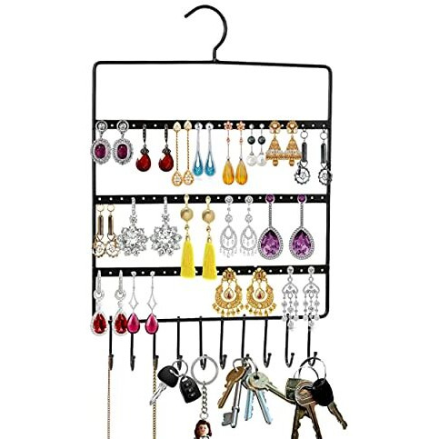 ROLLYWARE Lightweight & Wall Mounted Earrings Organizer/Stand for Tangle Free Hanging for Women, 70 Holes - 11 Hooks, Made of Sturdy Metal, Suitable to Organize Necklace, Bracelets