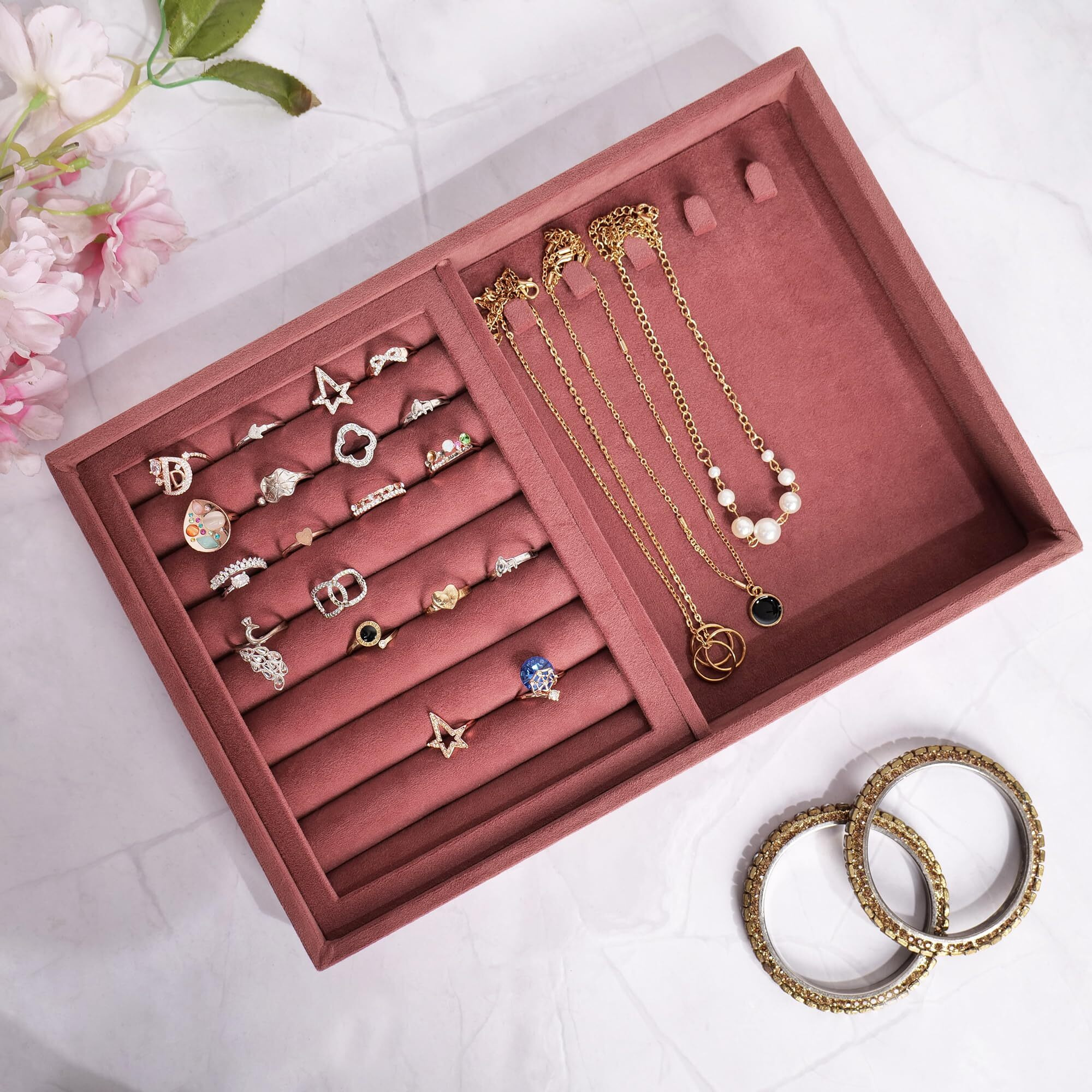 LA TROVE Luxury Velvet Jewellery Trays | Jewelry Drawer Display Organizer for Earrings, Chain, Rings (Dark Pink, Ring+Chain, 30x20x3.5 cm)
