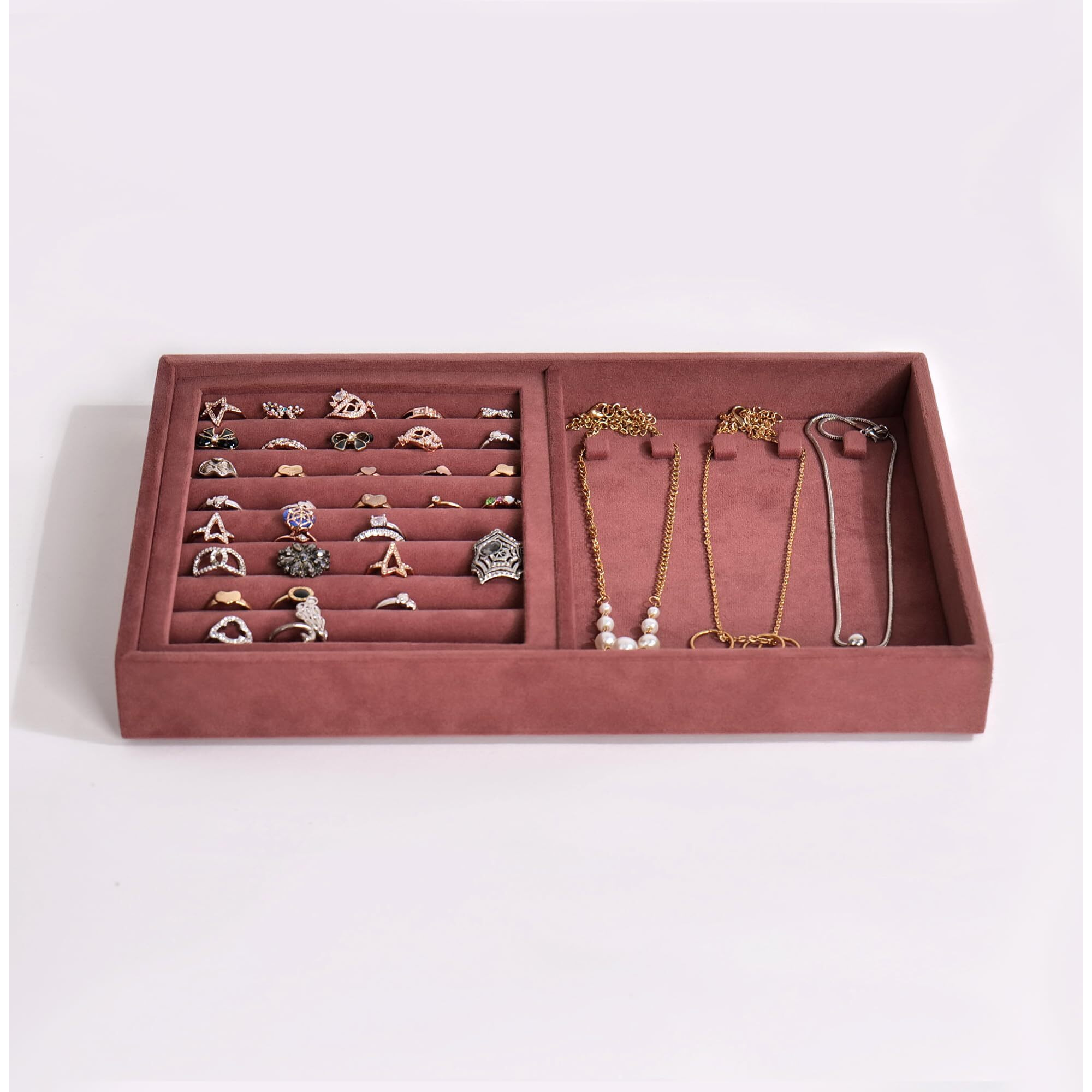 LA TROVE Luxury Velvet Jewellery Trays | Jewelry Drawer Display Organizer for Earrings, Chain, Rings (Dark Pink, Ring+Chain, 30x20x3.5 cm)