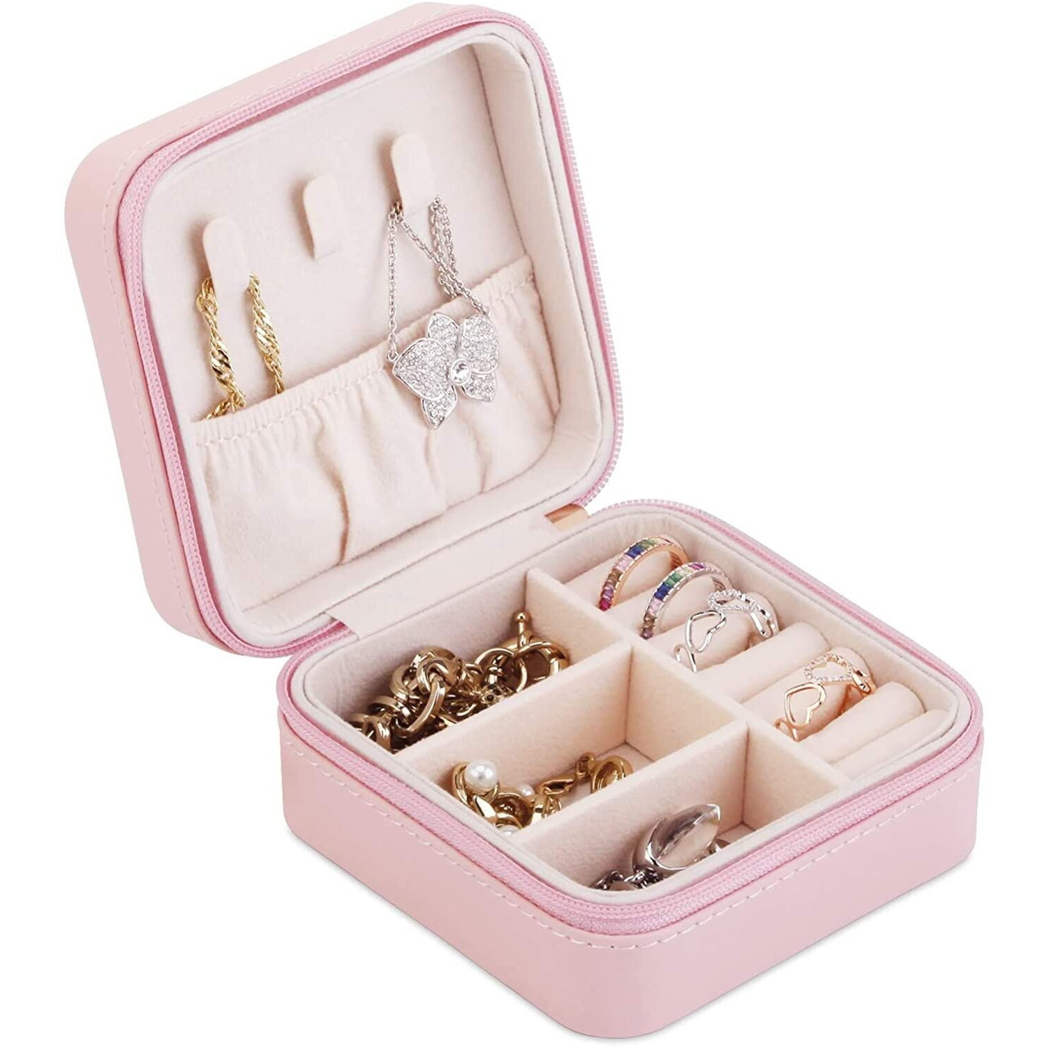 KeepCart Travel Jewelry Box PU Leather Small Jewelry Box Portable Jewelry Case Jewelry Display Organizer for Necklace Earrings Rings Bracelets (Pink)