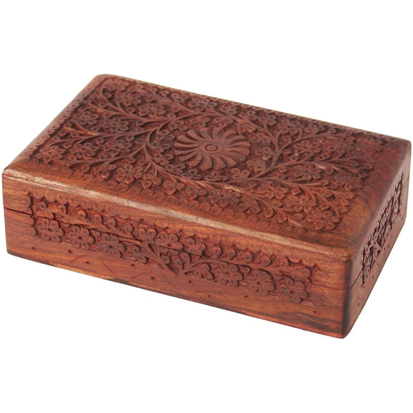 GURU JEE Wooden Indian Handmade Carving Wood Jewellery Organizer Keepsake Box Perfect Gifts For Women (FLWD_8X5)
