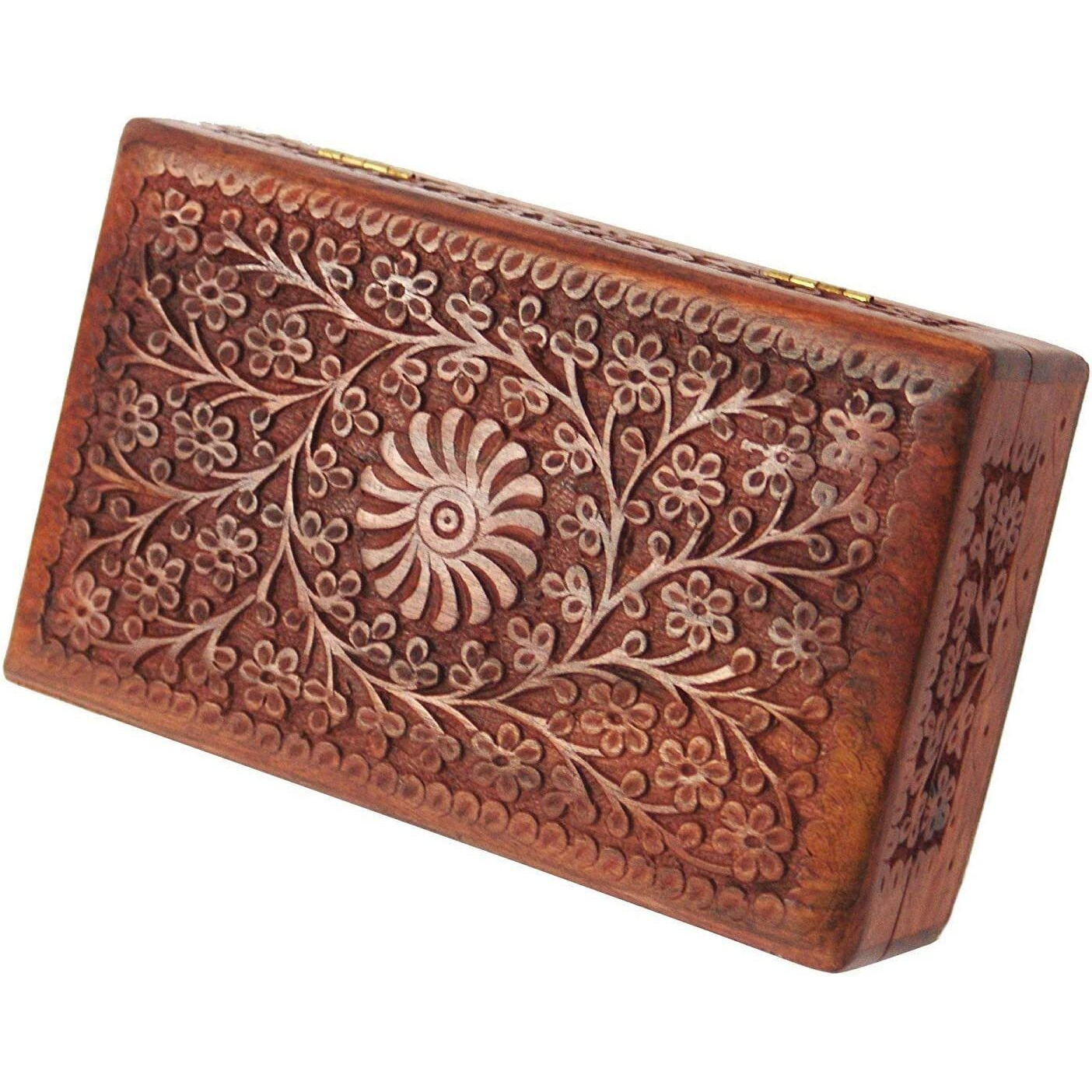 GURU JEE Wooden Indian Handmade Carving Wood Jewellery Organizer Keepsake Box Perfect Gifts For Women (FLWD_8X5)