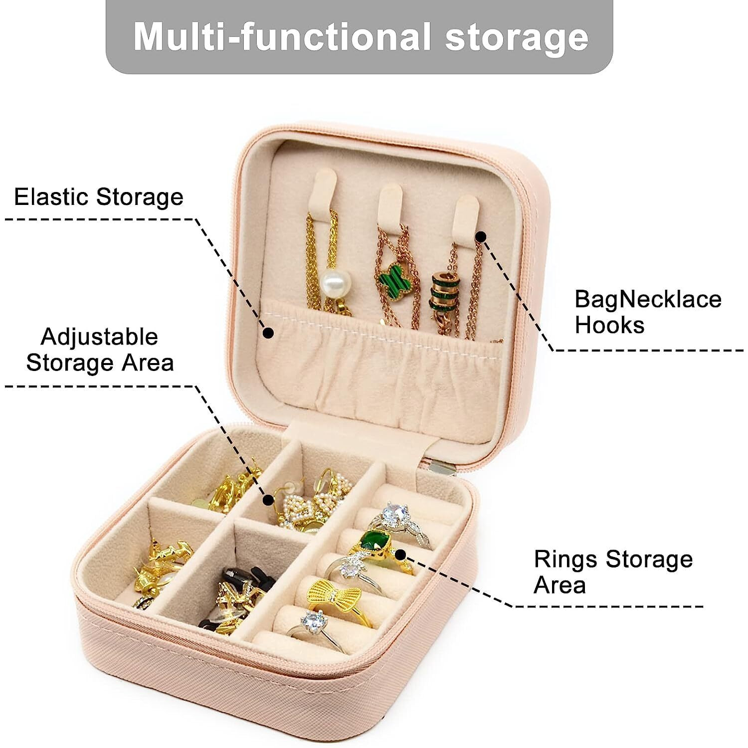 BUYORY Faux Leather Jewellery Organiser Box,Jewellery Box For Women,Portable Travel Jewellery Organiser Pouch,Small Jewellery Box Organiser For Ring,Pendant,Earring,Necklace,Bracelet (Baby Pink)
