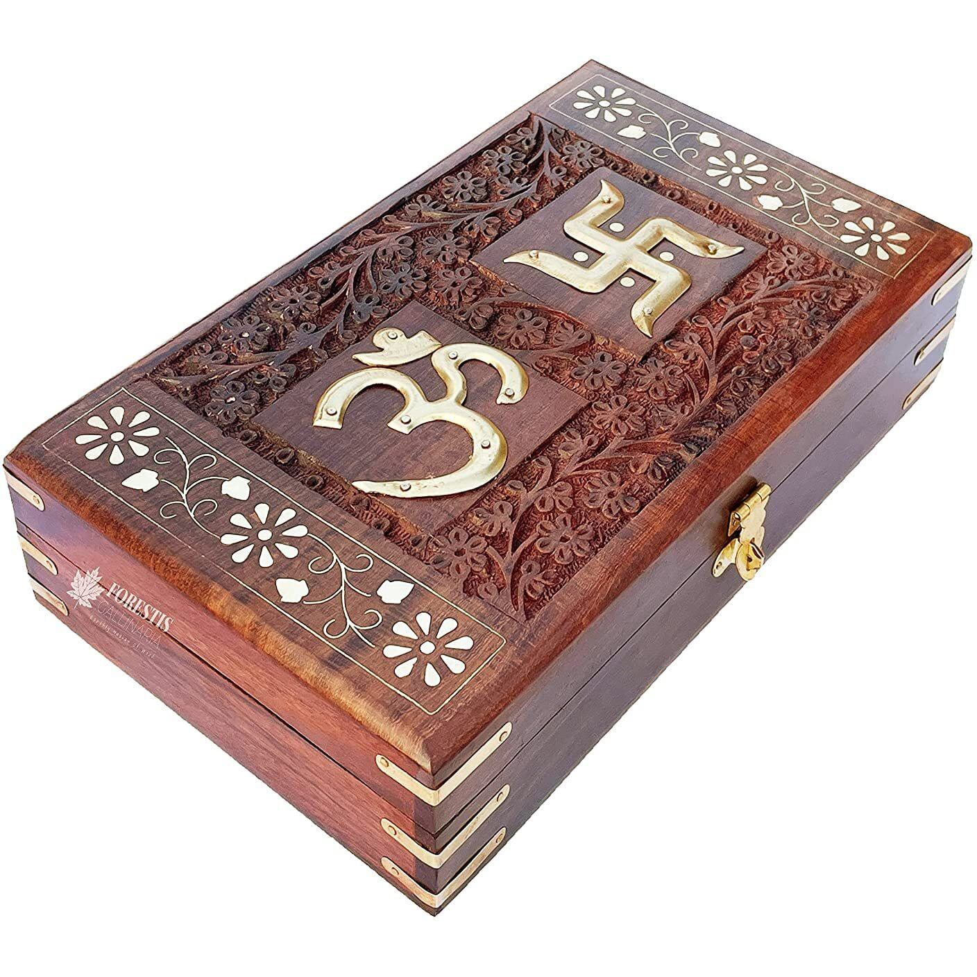 FORESTIS GALLINARIA Exquisitely Hand Brass-Filled Wooden OM Box for Good Luck| Jewellery Box| Handmade Decorative Case| Kit| Vanity| Organiser For Women, Gold, Cash, Money (10x6-Exquisite)