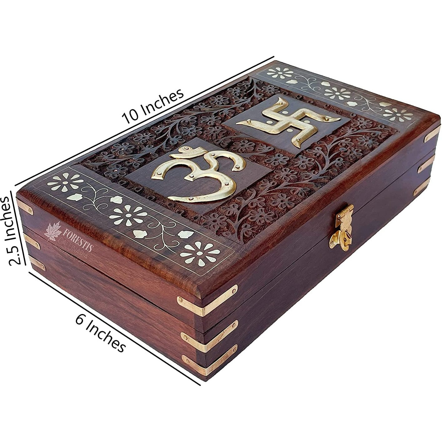 FORESTIS GALLINARIA Exquisitely Hand Brass-Filled Wooden OM Box for Good Luck| Jewellery Box| Handmade Decorative Case| Kit| Vanity| Organiser For Women, Gold, Cash, Money (10x6-Exquisite)