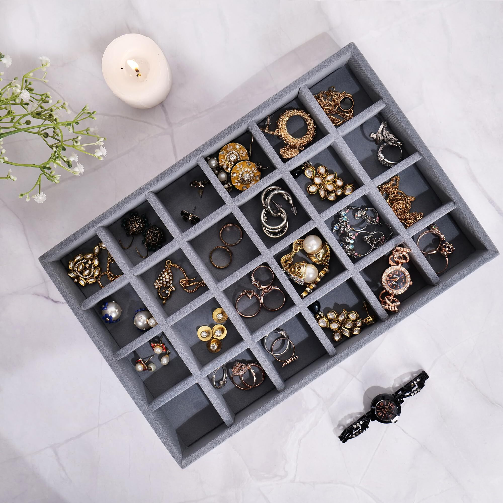 LA TROVE Luxury Velvet Jewellery Trays | Jewelry Drawer Display Organizer for Earrings, Chain, Rings (Grey, 24 Grid, 30x20x3.5 cm)