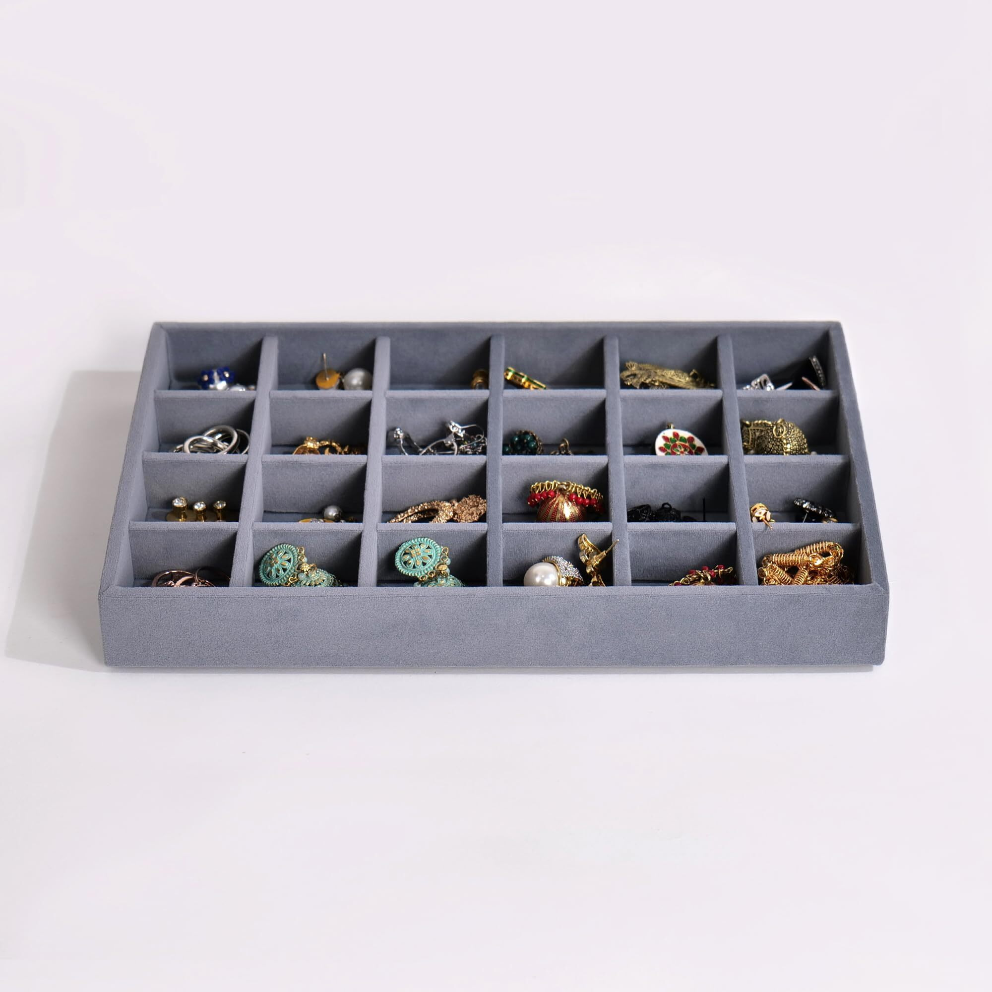 LA TROVE Luxury Velvet Jewellery Trays | Jewelry Drawer Display Organizer for Earrings, Chain, Rings (Grey, 24 Grid, 30x20x3.5 cm)