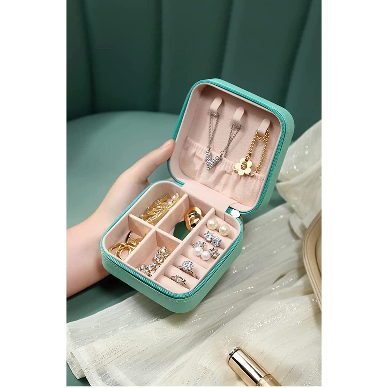 YouBella Jewellery Organiser PU Leather Zipper Portable Storage Box Case with Dividers Container for Rings, Earrings, Necklace Home Organizer, (Blue)