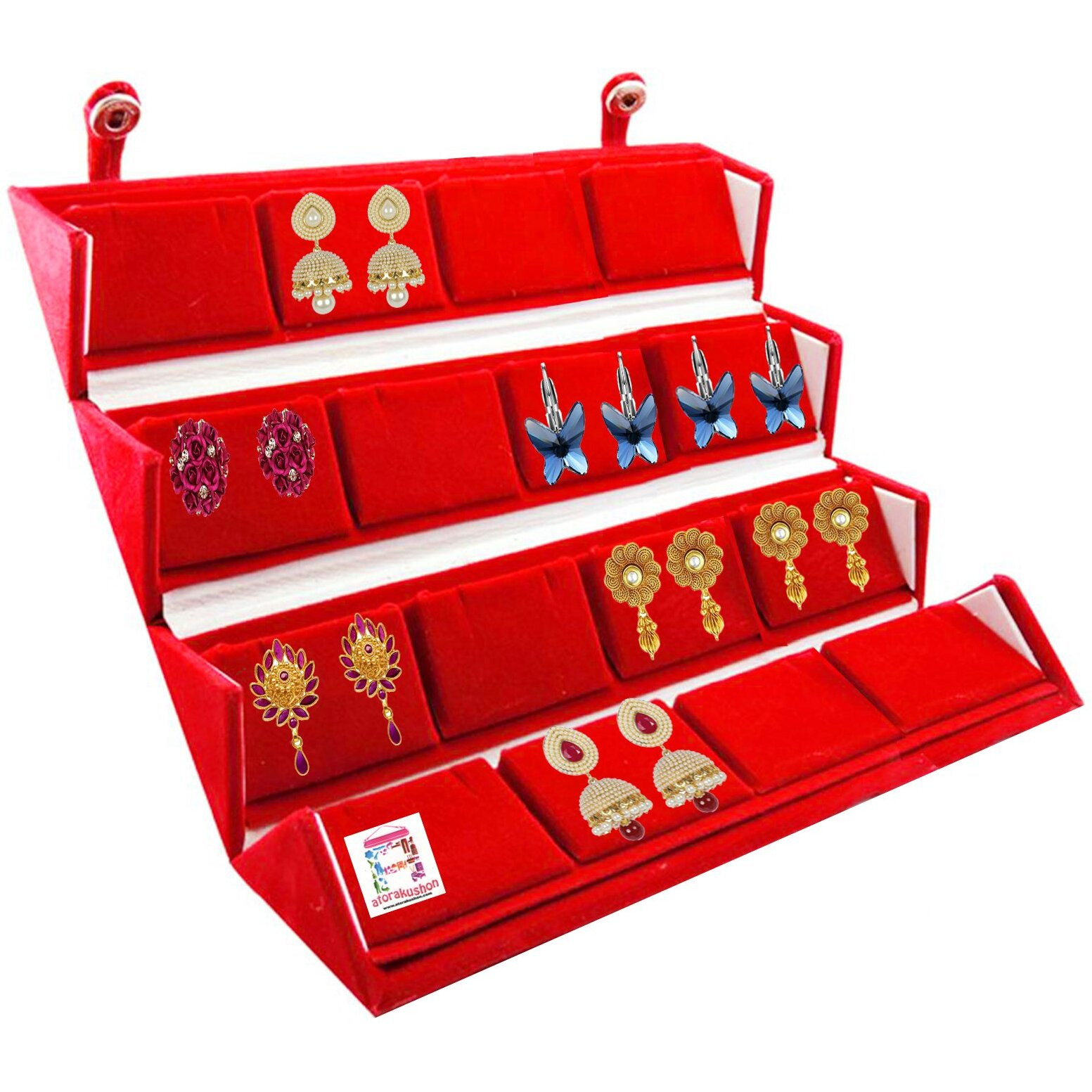 atorakushon Velvet 16 Pair Earring Folder Jewelry Box Necklace Chain Box Ring Travelling Wedding organizer (Maroon)