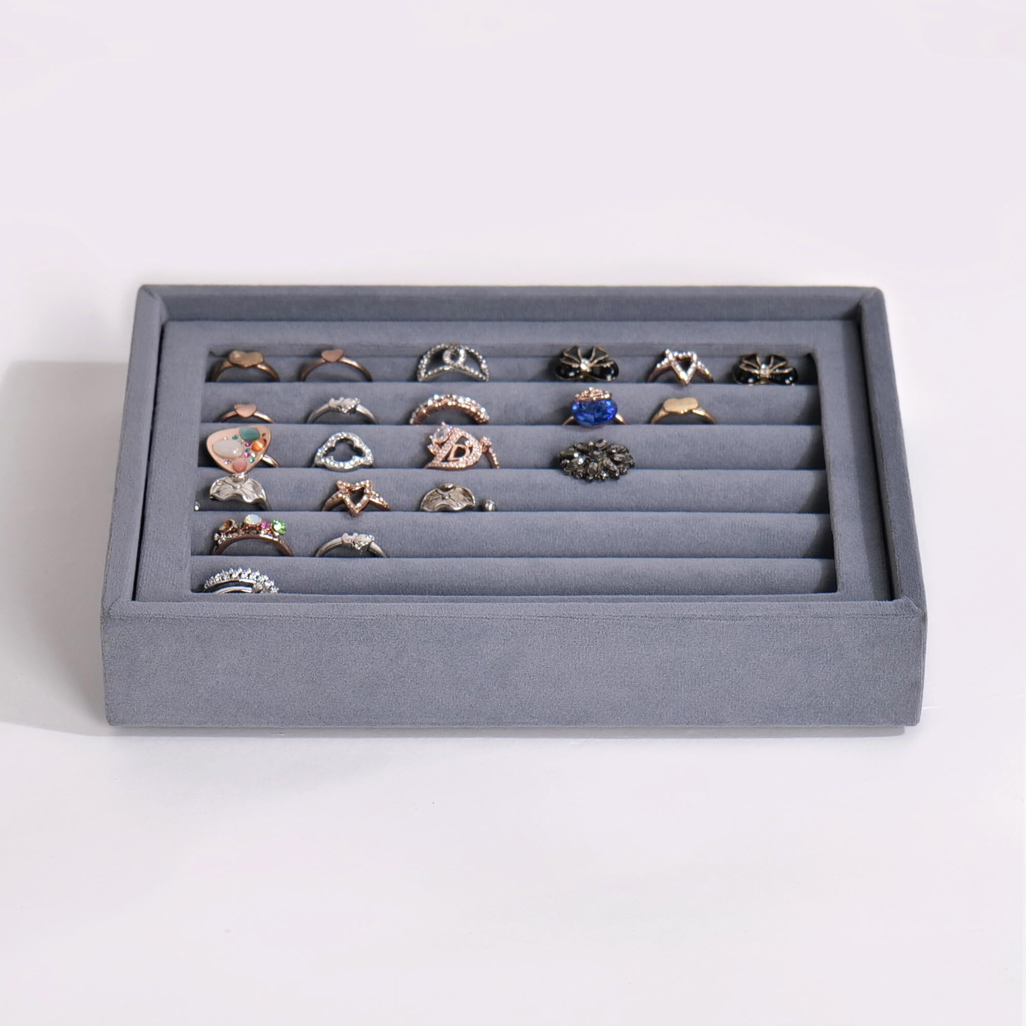 La Trove Velvet Jewellery Ring Drawer Organizer Tray - Grey(Rings) | Stackable Tray for Drawer | Storage Display for Earrings, Chains, Rings and Other Jewellery Accessories - 20x16x3.5 cm