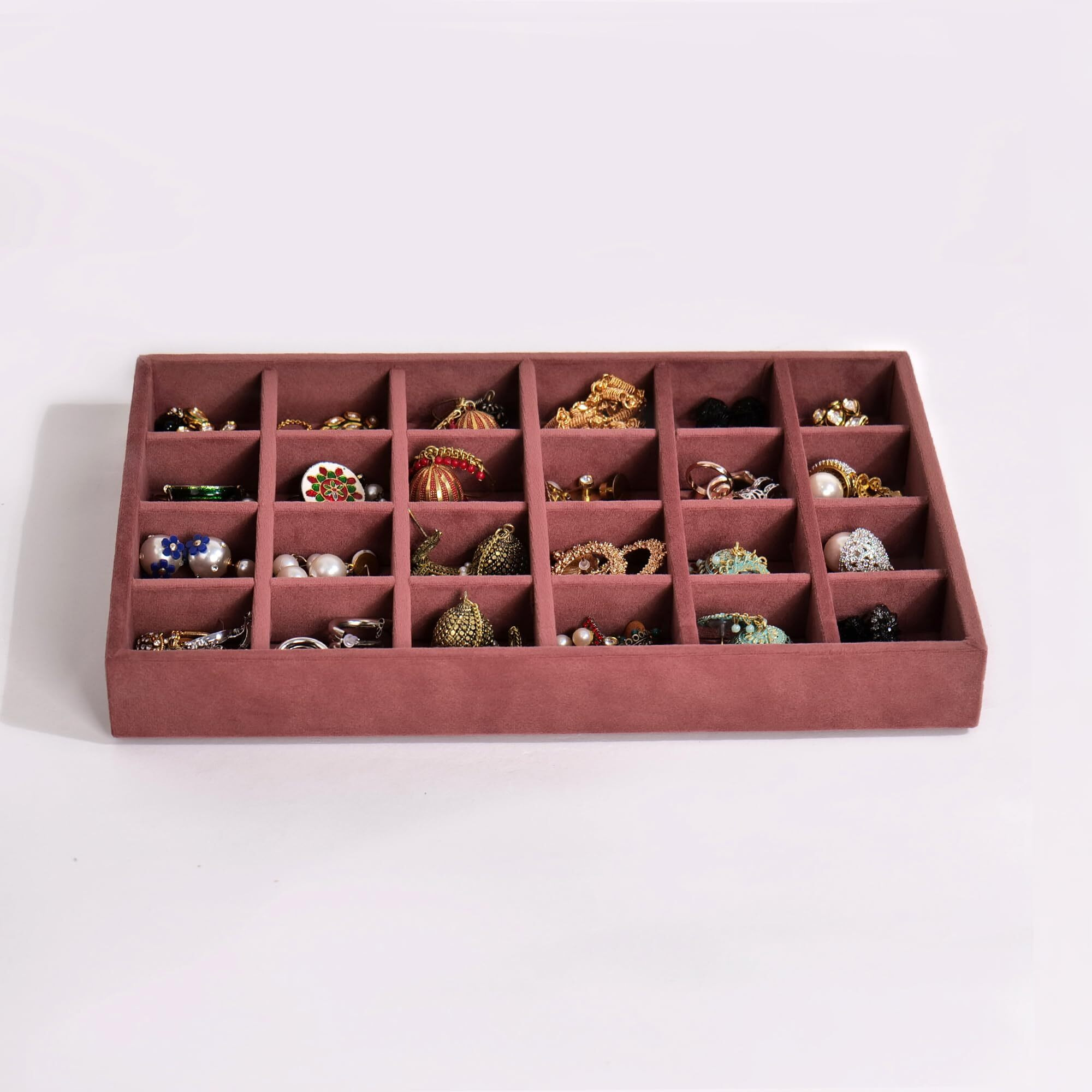 LA TROVE Luxury Velvet Jewellery Trays | Jewelry Drawer Display Organizer for Earrings, Chain, Rings (Dark Pink, 24 Grid, 30x20x3.5 cm)
