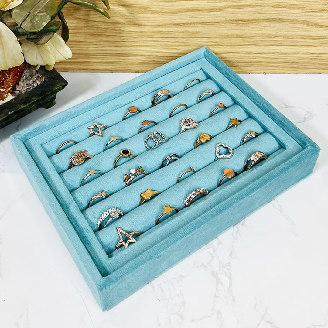 La Trove Velvet Jewellery Ring Drawer Organizer Tray - Sea Green (Rings) | Stackable Tray & Storage Display for Earrings, Chains, Rings and Other Jewellery Accessories (20x16x3.5 cm)