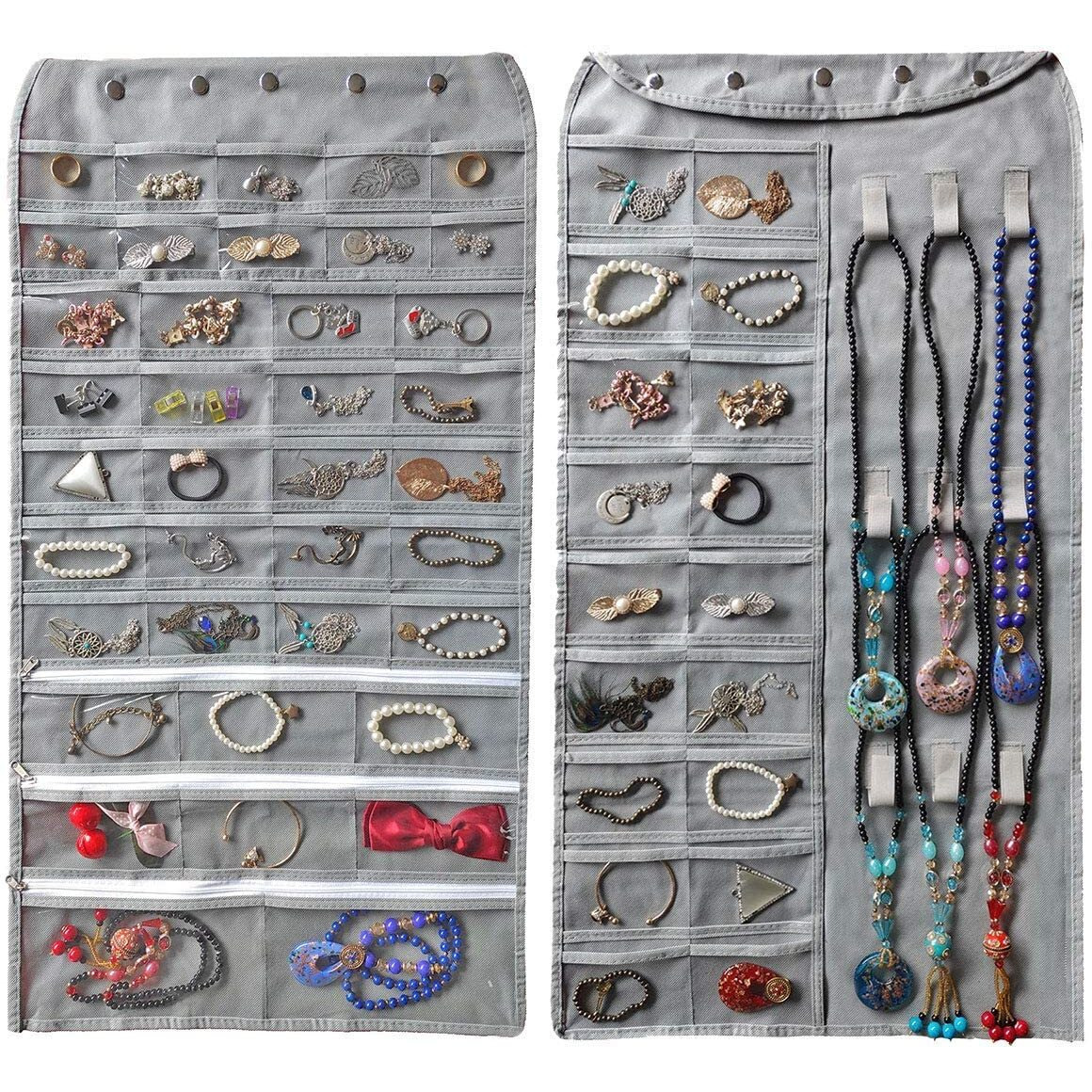 DOUBLE R BAGS Non Woven Dual-Sided Hanging Jewellery Organizer With 56 Pockets & 9 Hook Loops Necklace Holder Jewelries Organizer For Earrings Bracelets Rings (Grey, Pack of 1)