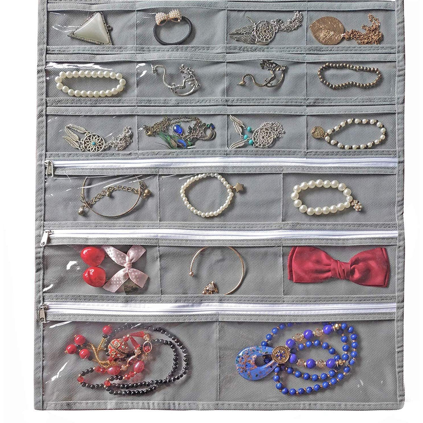 DOUBLE R BAGS Non Woven Dual-Sided Hanging Jewellery Organizer With 56 Pockets & 9 Hook Loops Necklace Holder Jewelries Organizer For Earrings Bracelets Rings (Grey, Pack of 1)
