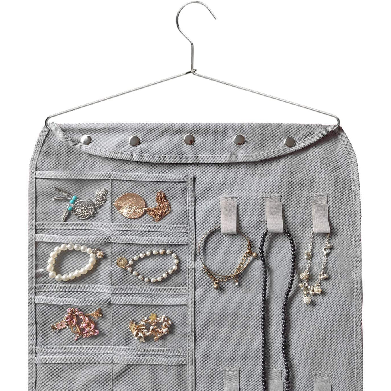 DOUBLE R BAGS Non Woven Dual-Sided Hanging Jewellery Organizer With 56 Pockets & 9 Hook Loops Necklace Holder Jewelries Organizer For Earrings Bracelets Rings (Grey, Pack of 1)