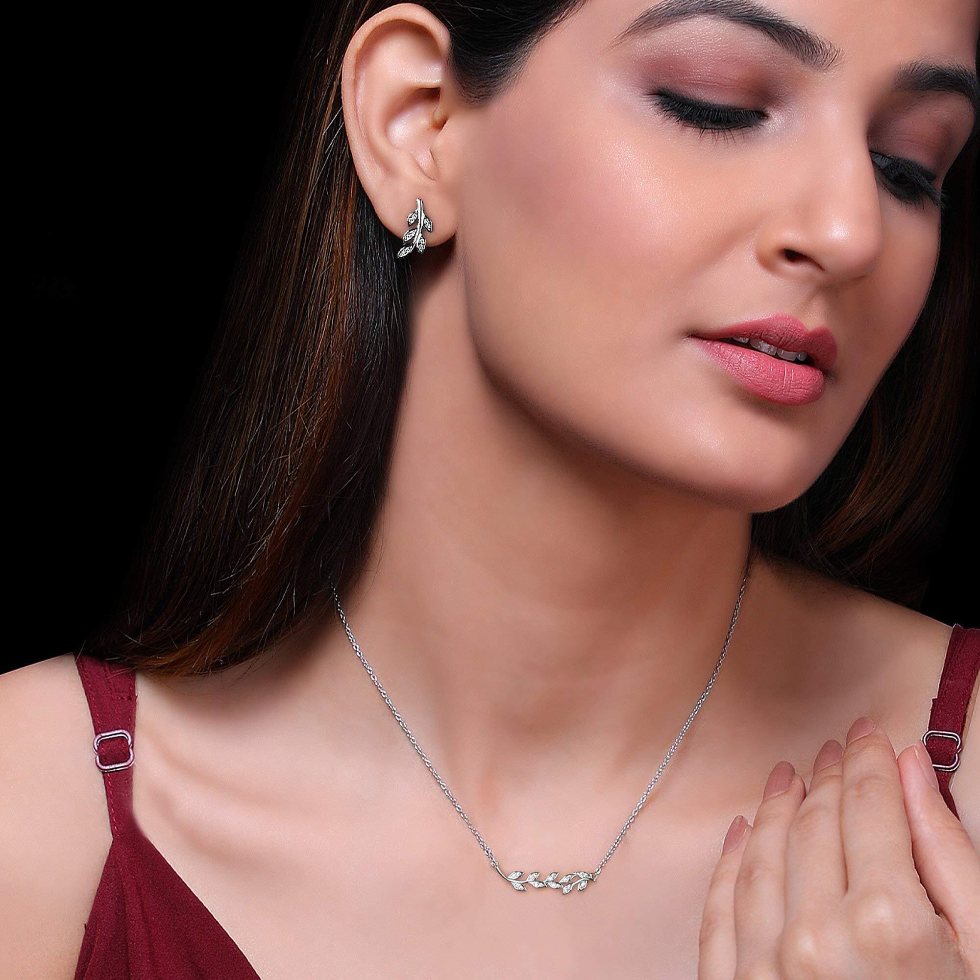 GIVA 925 SilverClassic Zircon Leaf Set, with Necklace & Earrings | Rakhi Rakshabandhan Gift for Sister Bhabhi , Gifts for Women & Girls | With Certificate of Authenticity and 925 Stamp | 6 Month Warranty*