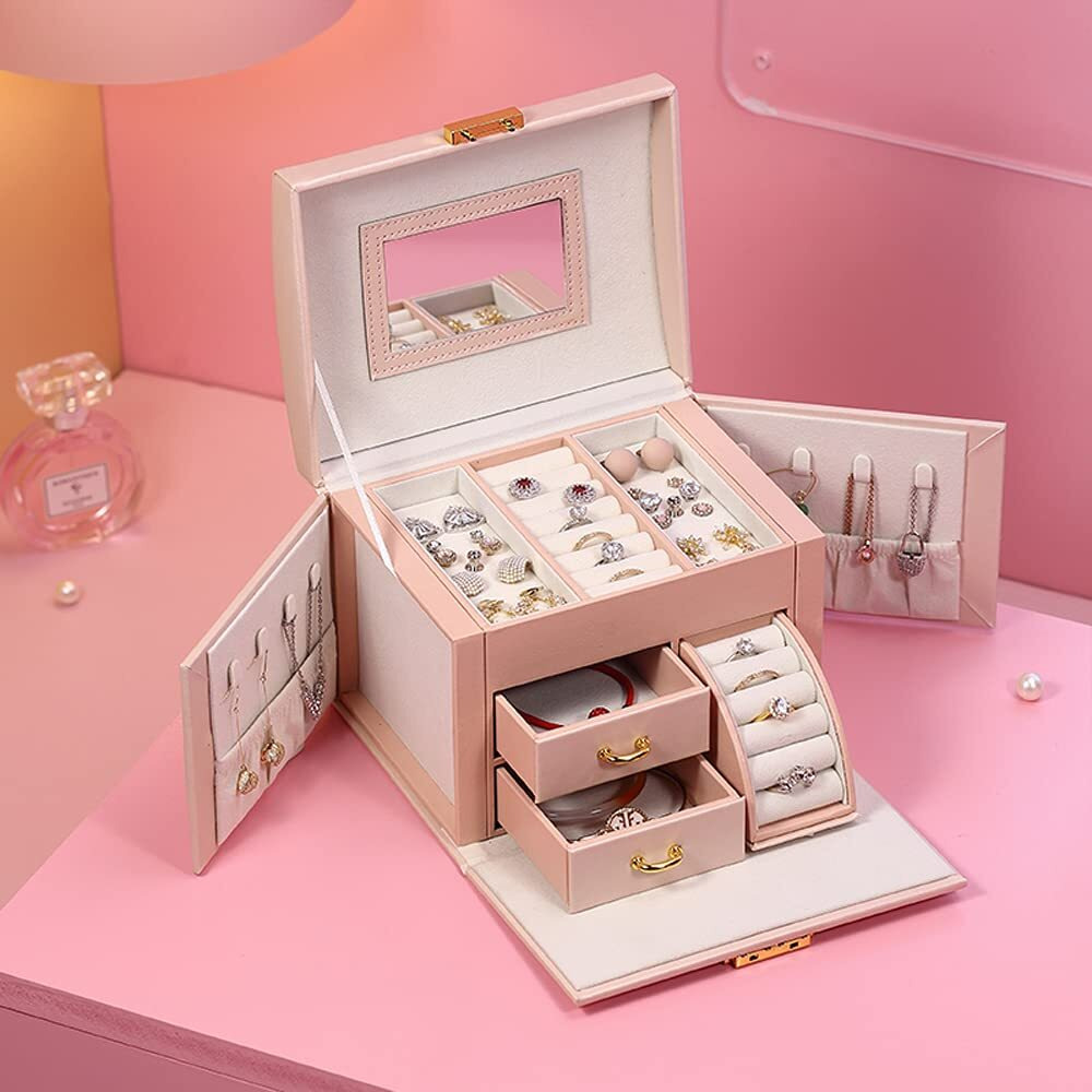 SIBY Leather Smal Jewelry Box Organizer with Mirror Lock Drawer Ring Earring Necklace Jewellery Case(1Pc, Pink, 17.3x13.8x14.5cm,Color Little Bit Difference)