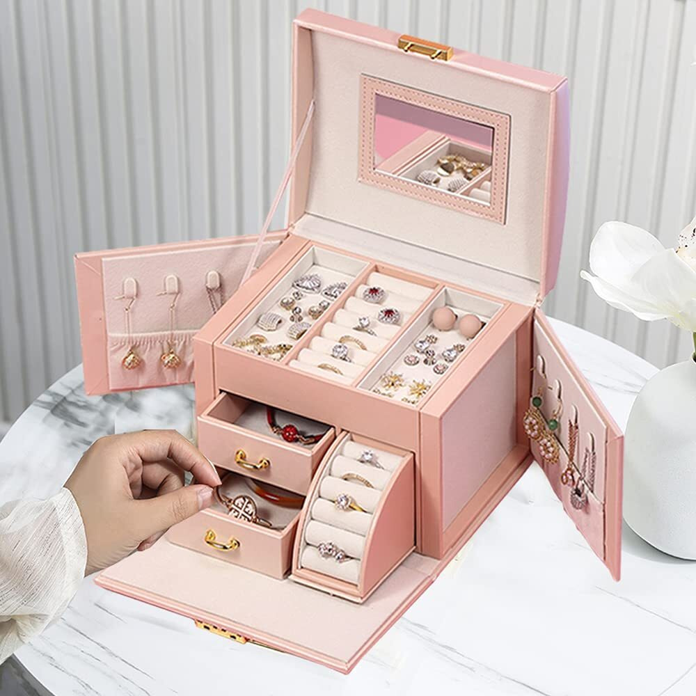 SIBY Leather Smal Jewelry Box Organizer with Mirror Lock Drawer Ring Earring Necklace Jewellery Case(1Pc, Pink, 17.3x13.8x14.5cm,Color Little Bit Difference)