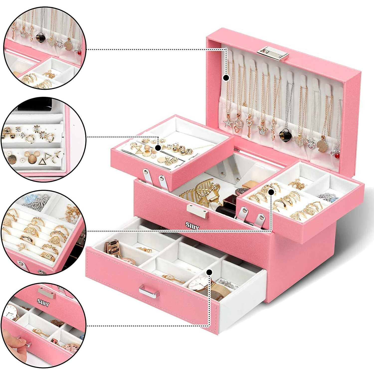 SIBY Pu Leather Jewelry Box Organizer For Women Girls|Two Sided Open Jewelry Display Case For Earrings Bracelets Rings|Makeup Vanity Organizer For Bride|Travel Jewel Necklace Holder, Pink