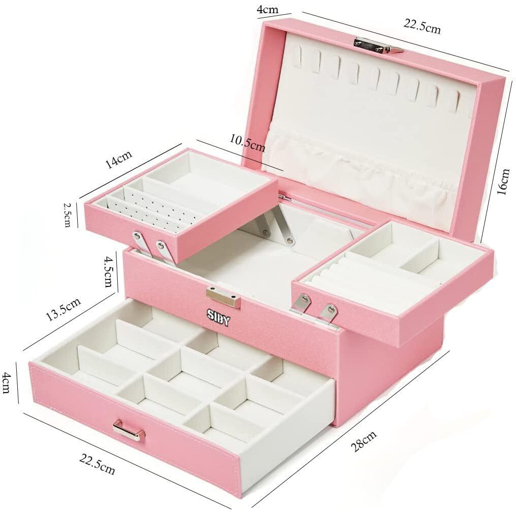 SIBY Pu Leather Jewelry Box Organizer For Women Girls|Two Sided Open Jewelry Display Case For Earrings Bracelets Rings|Makeup Vanity Organizer For Bride|Travel Jewel Necklace Holder, Pink
