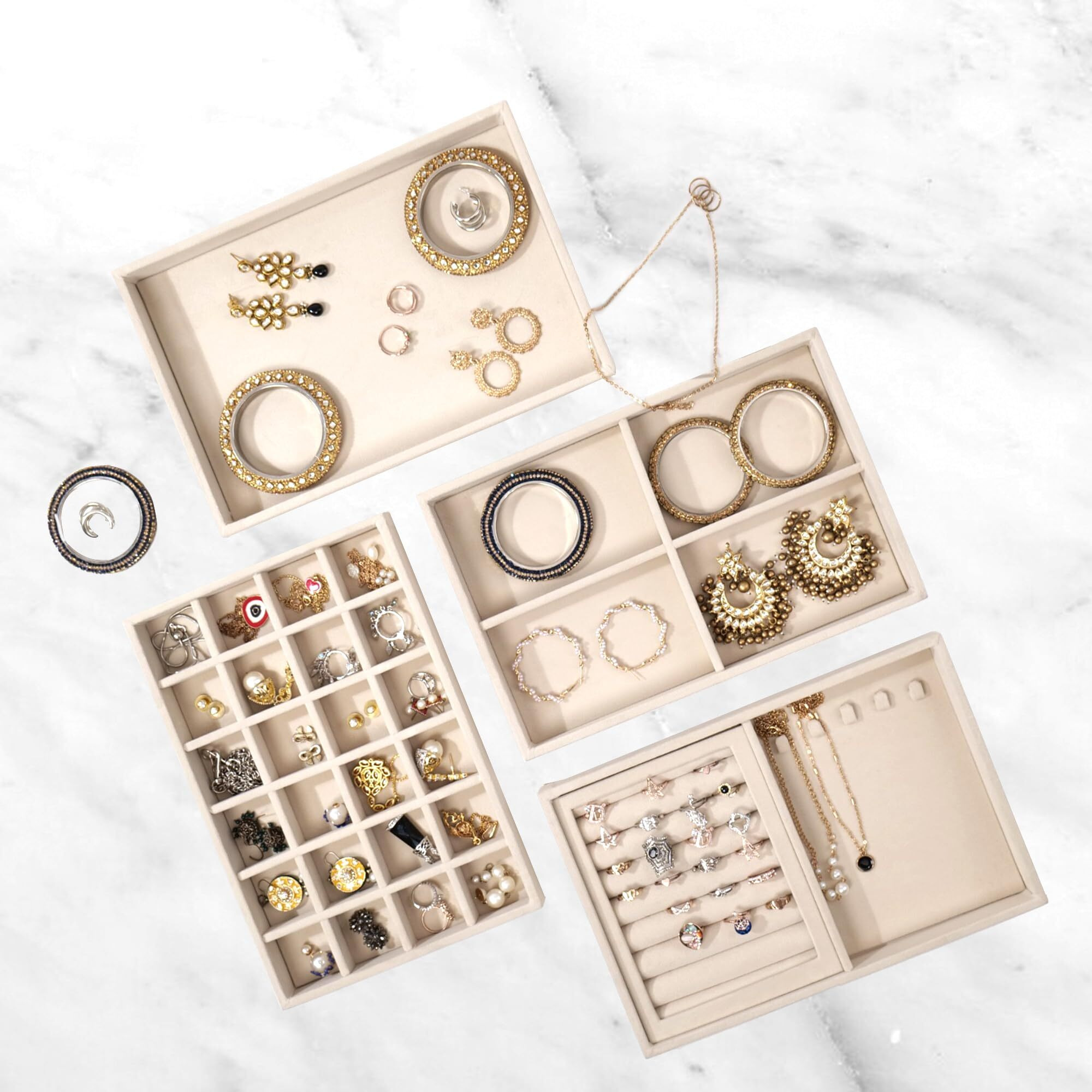 LA TROVE Luxury Velvet Jewellery Trays | Jewelry Drawer Display Organizer for Earrings, Chain, Rings (Cream, Set of 4 Trays, 30x20x3.5 cm)