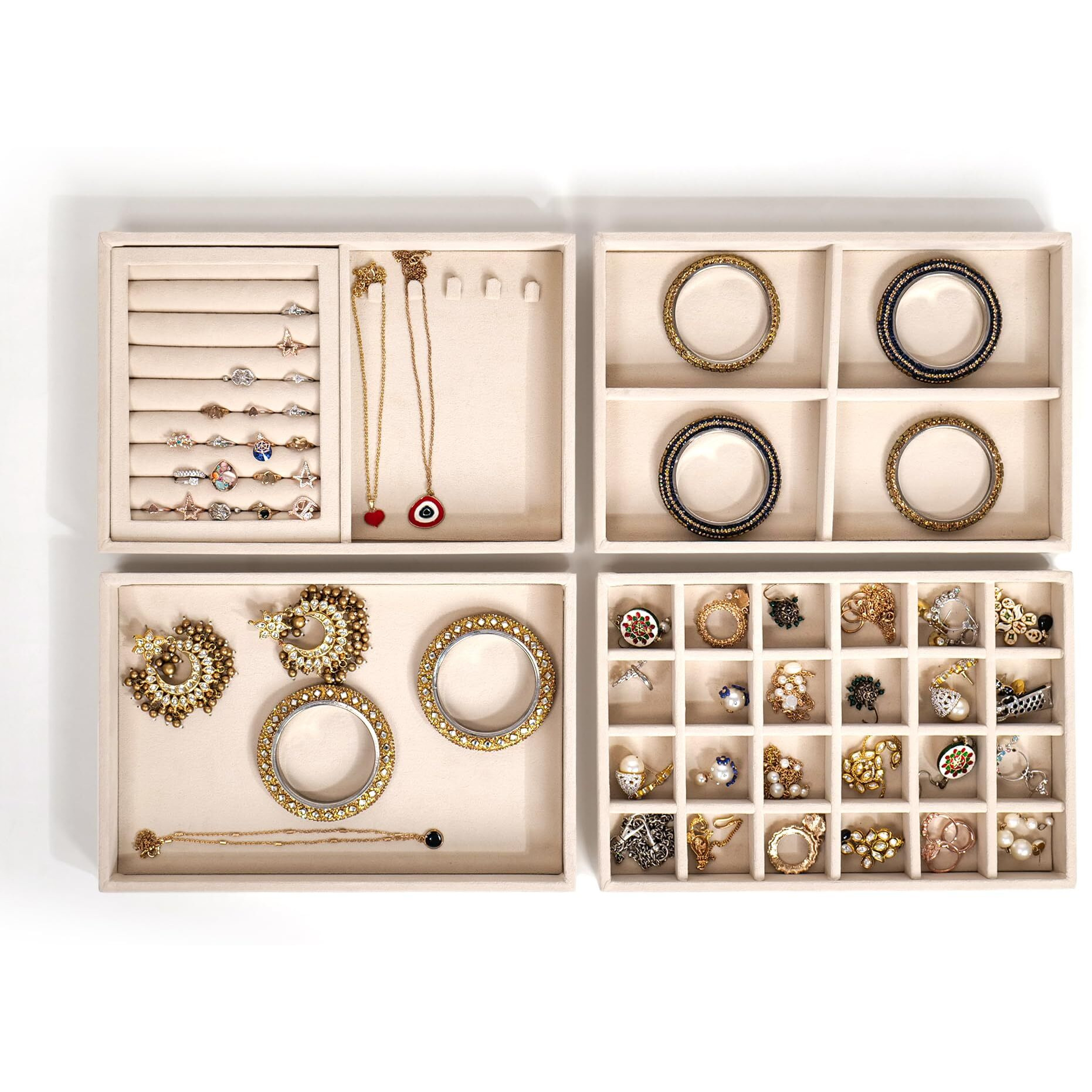 LA TROVE Luxury Velvet Jewellery Trays | Jewelry Drawer Display Organizer for Earrings, Chain, Rings (Cream, Set of 4 Trays, 30x20x3.5 cm)
