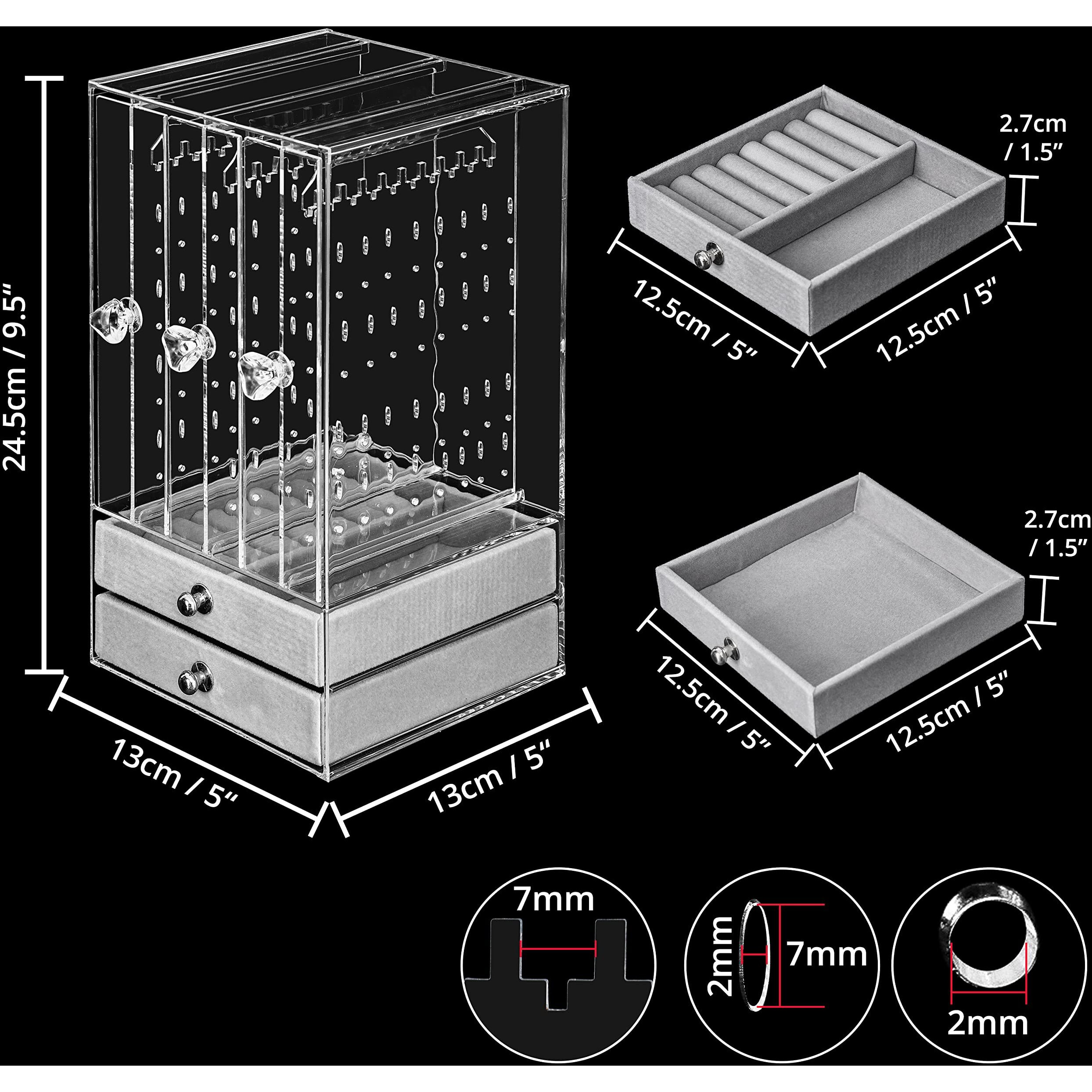 ABOUT SPACE Acrylic Earring Organizer Transparent Cosmetic Jewellery Box - 3 Layer Vertical Rack with Removable 2 Drawers for Rings,Necklaces,Jhumkas -Travel Jewelry Case for Women(L13x13WxH24.5 cm)