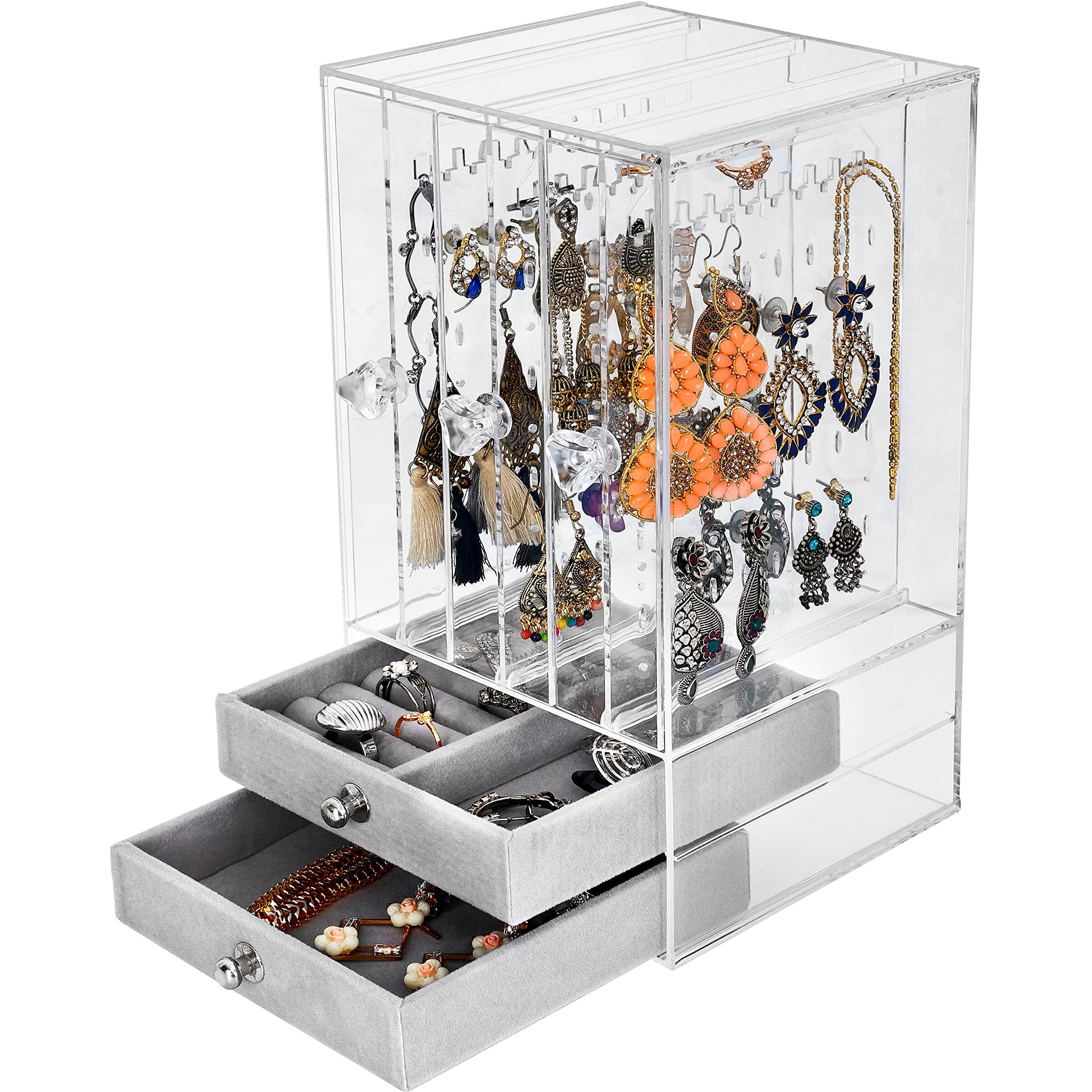 ABOUT SPACE Acrylic Earring Organizer Transparent Cosmetic Jewellery Box - 3 Layer Vertical Rack with Removable 2 Drawers for Rings,Necklaces,Jhumkas -Travel Jewelry Case for Women(L13x13WxH24.5 cm)