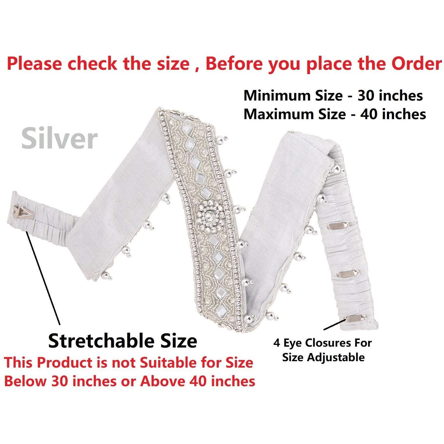 THANUS CRAFT Silver maggam work hip Waist belt kamarband Belly Chain Kamarpatta for Women Sarees (Adjustable Size 30-40 inches inches only)