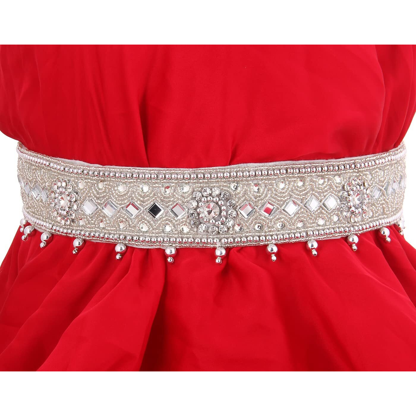 THANUS CRAFT Silver maggam work hip Waist belt kamarband Belly Chain Kamarpatta for Women Sarees (Adjustable Size 30-40 inches inches only)