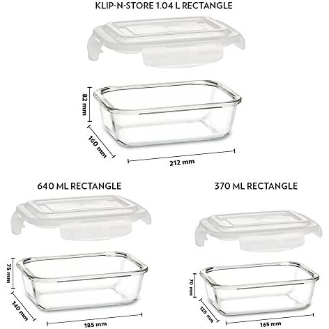 Borosil Klip N Store Glass Storage Containers For Kitchen With Air-Tight Lids, Microwave & Oven Safe, Rectangular, Set of 3 (1040 ml, 640 ml, 370 ml), Clear