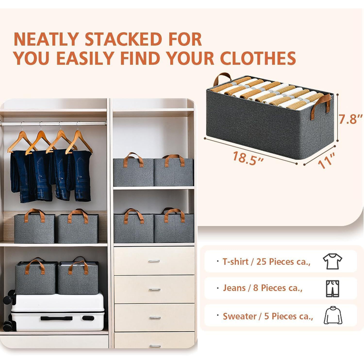 TECNOVIQ Foldable Cloth Basket for Storage with Metal Frame and Handles, Clothes Organizer for Wardrobe, Clothing Storage Solutions, Wardrobe Organizer for Clothes, Toys, Shelves (26Ltr, Pack of 5)