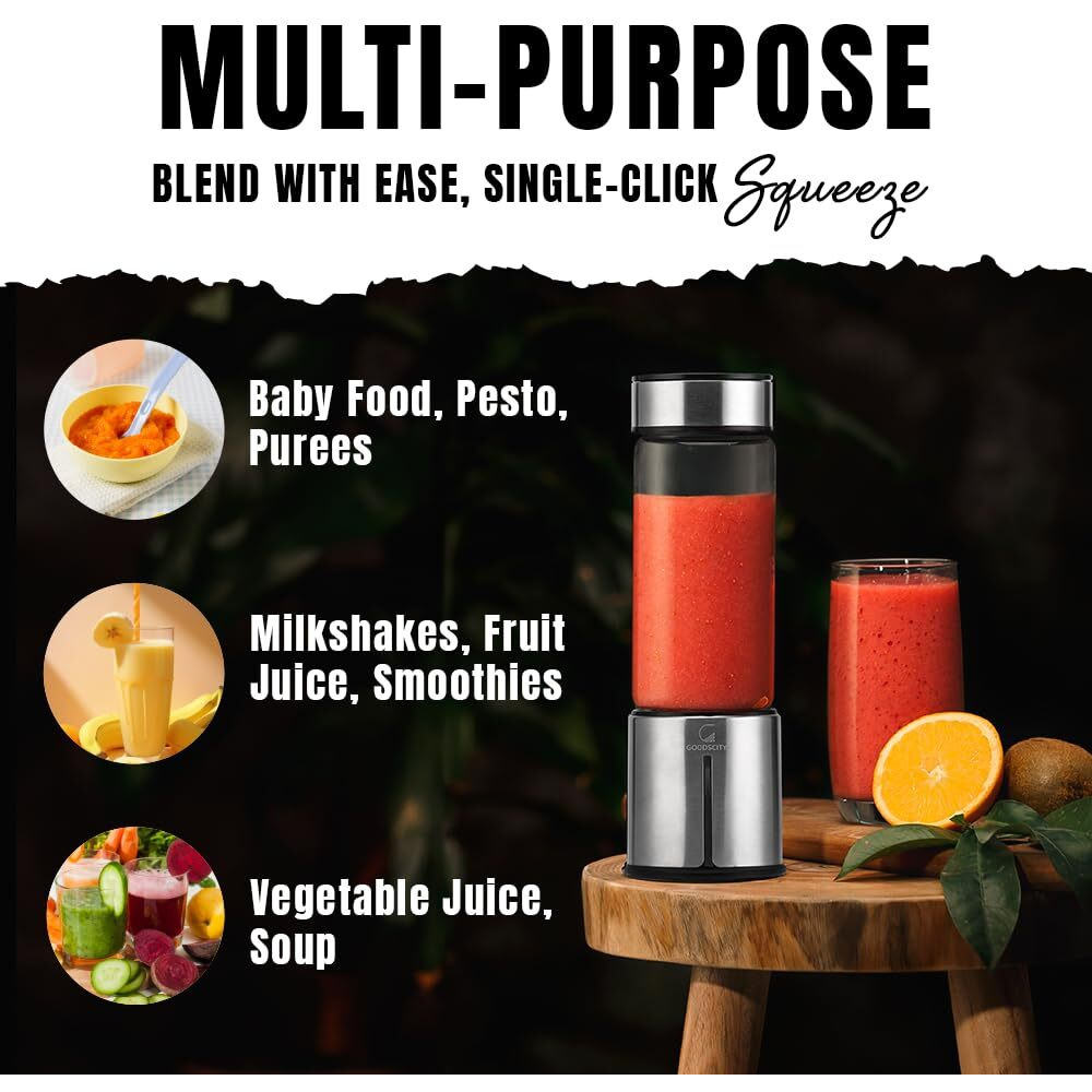 Goodscity Blender For Smoothie And Juices | Portable Hand Blender For Kitchen | Premium Usb Rechargeable Fruit Juicer Machine | 450Ml BPA FREE Food Grade Jar| Long Battery Life |1 Year Warranty -GC171