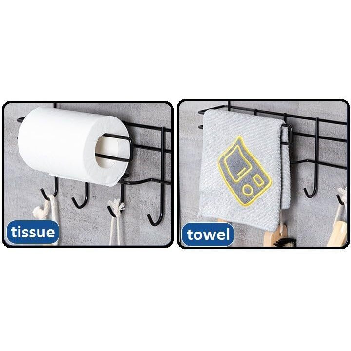 ZURATO Multipurpose Wall Mounted Towel, Tissue roll Holder for Kitchen and Bathroom with 5 Hooks Storage Organizer Rack for Clothes, Keys Spatula Ladle and Accessories Hanging