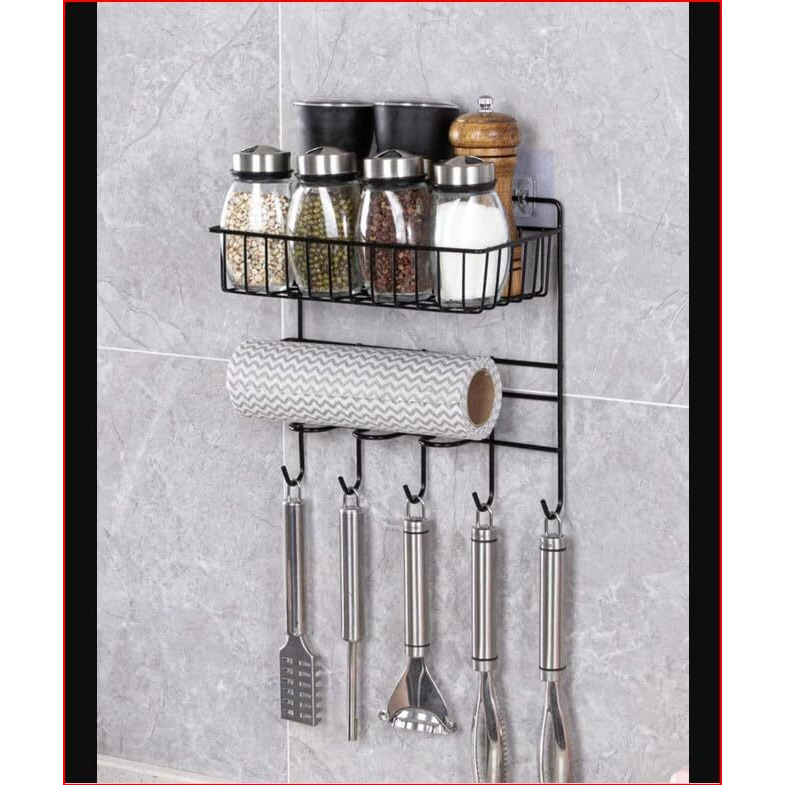 ZURATO Multipurpose Kitchen Accessories Iron Organizer Rack, Wall Hanging Bathroom Shelves with Hooks, Tissue Holder Storage Rack, Towel Hanger Spatula Ladle Hanging
