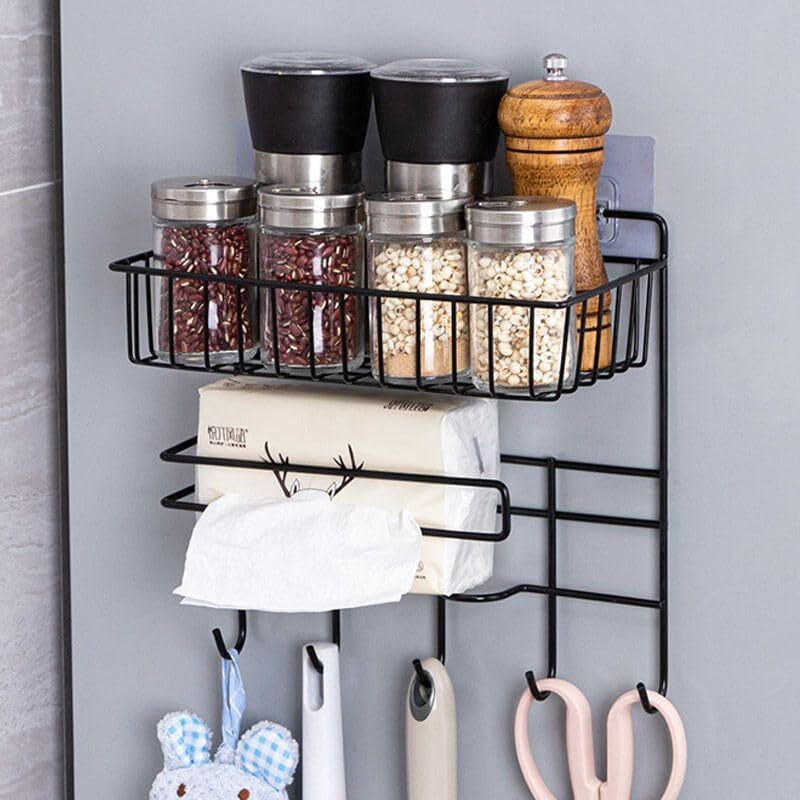 ZURATO Multipurpose Kitchen Accessories Iron Organizer Rack, Wall Hanging Bathroom Shelves with Hooks, Tissue Holder Storage Rack, Towel Hanger Spatula Ladle Hanging
