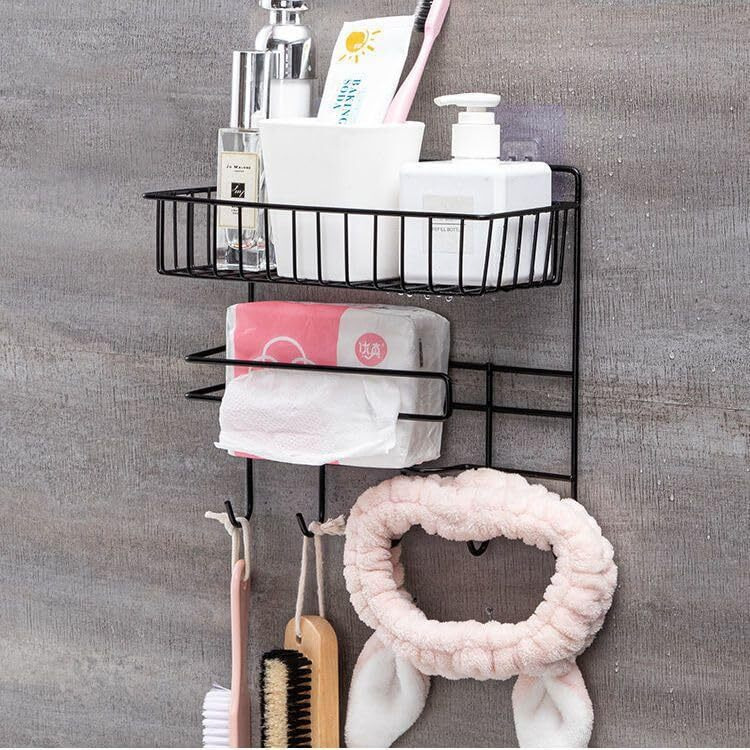 ZURATO Multipurpose Kitchen Accessories Iron Organizer Rack, Wall Hanging Bathroom Shelves with Hooks, Tissue Holder Storage Rack, Towel Hanger Spatula Ladle Hanging