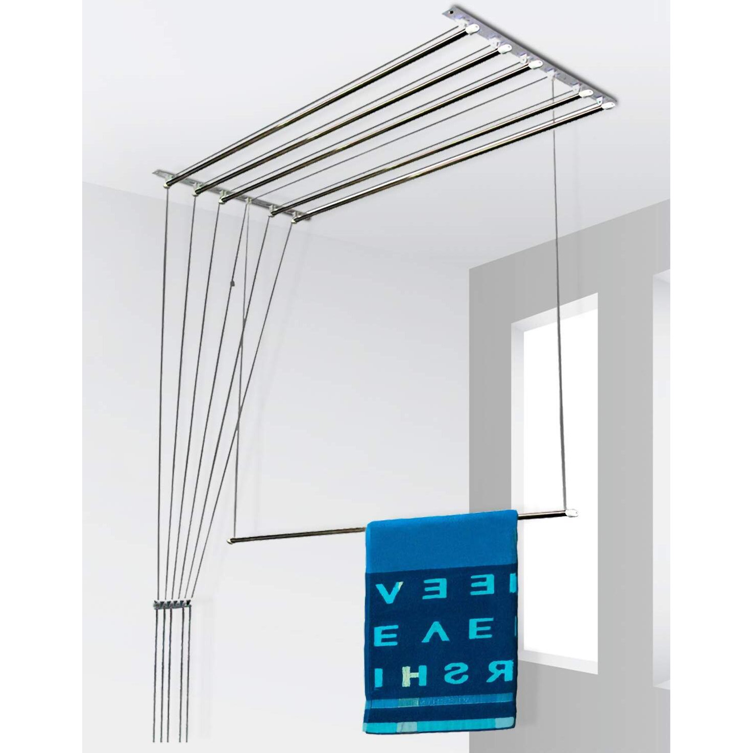 Synergy - 6 Pipes x 7 Feet - Heavy Duty - Stainless Steel Ceiling Clothes Hanger/Cloth Dryer with UV Protected Nylon Rope and Individual Drop Down Railers (SY-CL4.2)