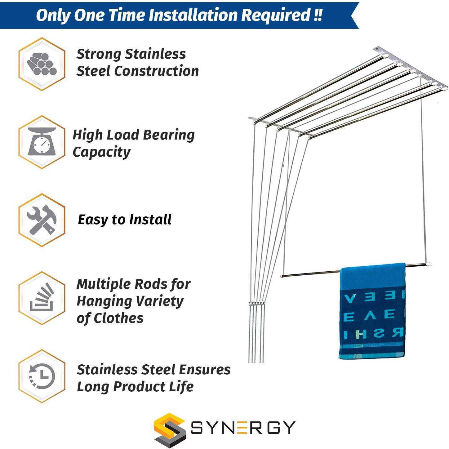 Synergy - 6 Pipes x 7 Feet - Heavy Duty - Stainless Steel Ceiling Clothes Hanger/Cloth Dryer with UV Protected Nylon Rope and Individual Drop Down Railers (SY-CL4.2)