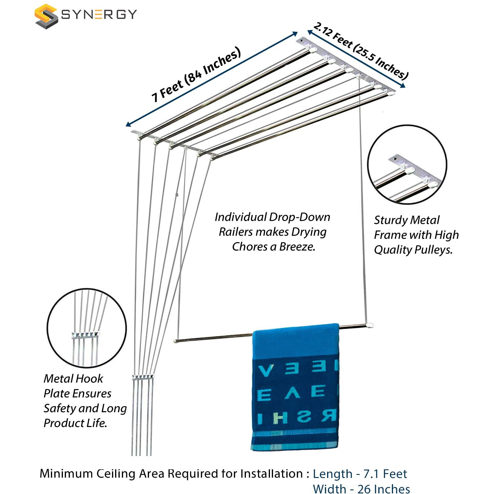 Synergy - 6 Pipes x 7 Feet - Heavy Duty - Stainless Steel Ceiling Clothes Hanger/Cloth Dryer with UV Protected Nylon Rope and Individual Drop Down Railers (SY-CL4.2)