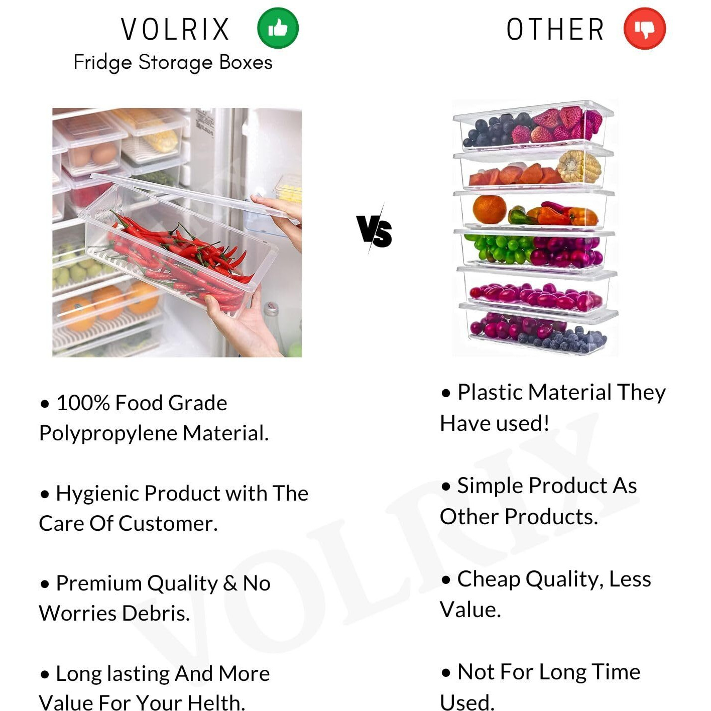 VOLRIX 3pcs Fridge Storage Boxes, Fridge Organiser with Removable Drain Plate Tray, Fridge Storage Containers for Keeps Fruits, Vegetables, Meat, Fish Fresh Longer 1500 ML Organizers Box Set