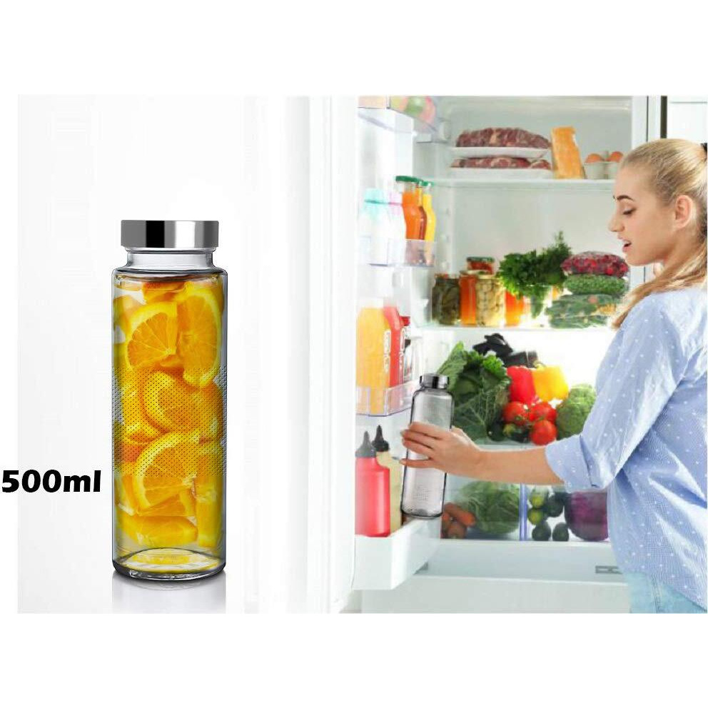CLOUDMART Piramal Glass Clear Leak Proof Reusable Water Bottles Set Wide Mouth Glass Bottles with Stainless Steel Lids, Fridge Bottle for Water, Smoothie, Juices (500ml) (Set Of 4)